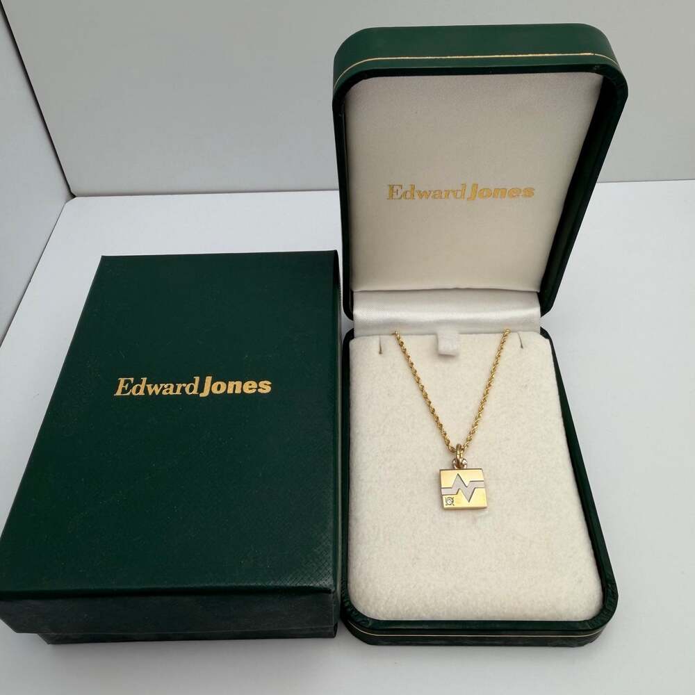 Edward Jones Employee 10K Yellow Gold Diamond Pendant & Rope Chain Necklace Box